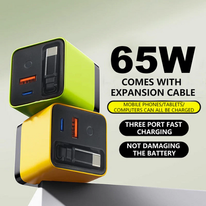 ⚡📱Multiport 65W PD Wall Charger | Built‑in Retractable Type‑C Cable