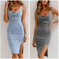 👖40% OFF!🌞Women's U-Neck Denim Bodycon Cami Dress – Adjustable Straps, Thigh-High Slit & Stretch Fit