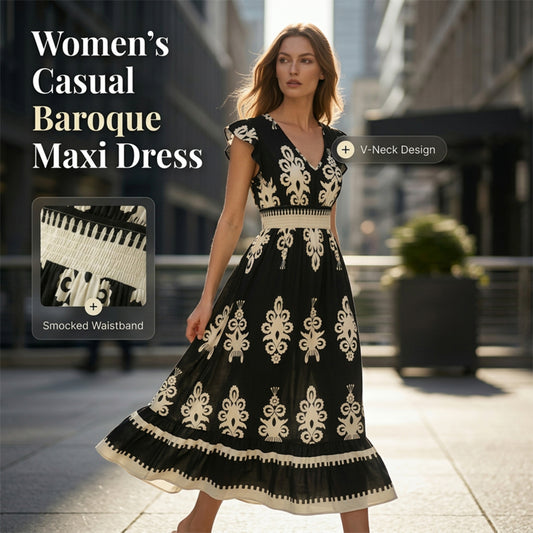 👗Mid-Year 50% Off!🍁Women's V-Neck Baroque Print Flowy Maxi Dress