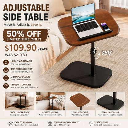 🛋️ LIMITED-TIME 50% OFF! ✨ C-Shape Side Table with Swivel Tray – Adjustable, Spacious, Sturdy 🍽️