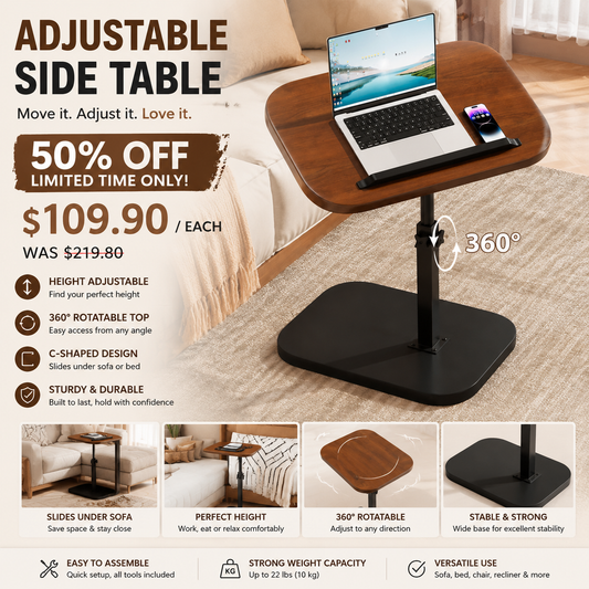 🛋️ LIMITED-TIME 50% OFF! ✨ C-Shape Side Table with Swivel Tray – Adjustable, Spacious, Sturdy 🍽️