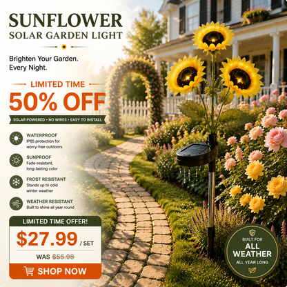 🌻☀️ LIMITED-TIME OFF! 3-Head Solar Sunflower Garden Light – Realistic Petals, IP65 Weather Resistance & Warm White Glow ✨