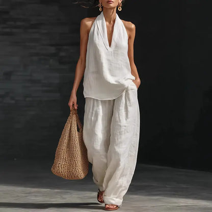 🍁👗Bohemian-Style Linen Two-Piece Set—Strapless Tank Top and Wide-Leg Pants
