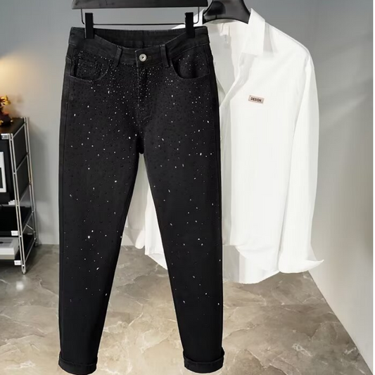 Rhinestone Embellished Slim-Fit Black Denim Jeans