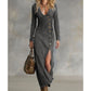 🐋New arrival 40% OFF!🥰Women's Long Sleeve V-Neck Maxi Dress – Soft Fabric, Bodycon Fit & Elegant High Slit👗