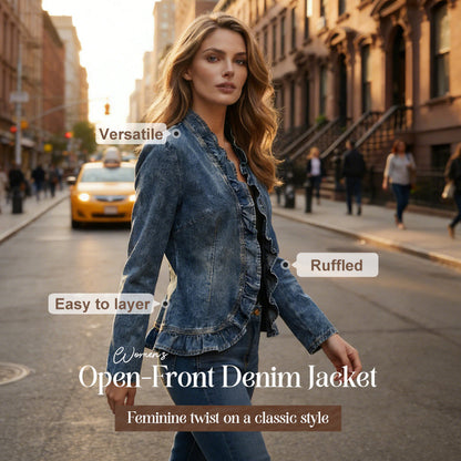 🧥40% OFF NOW!! 🌸 Women's Denim Jacket with Ruffles & Open Front – Lightweight & Feminine – Versatile & Chic 👗