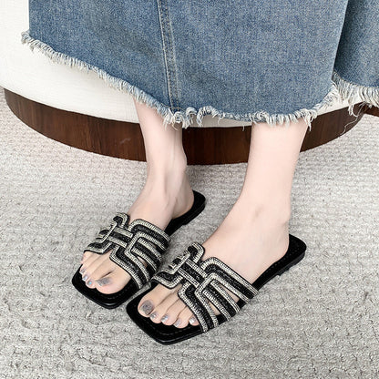 🌞💎Women's Geometric Rhinestone Square Toe Flat Slides👡