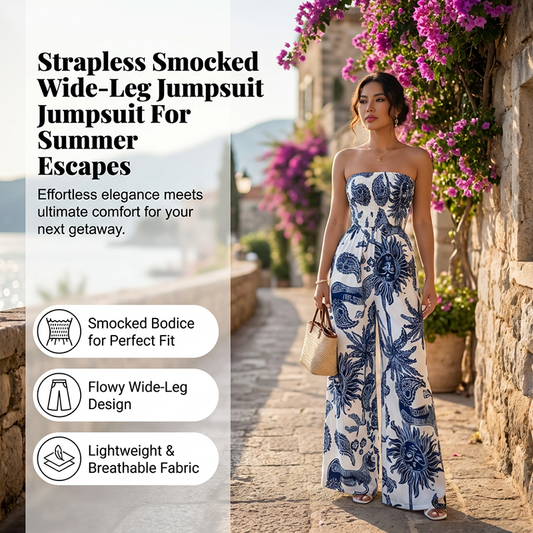 🌼Strapless Smocked Wide-Leg Jumpsuit