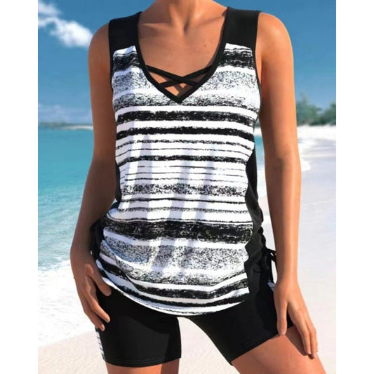 🏊‍♀️40% OFF NOW! 👙 Women's Printed Two-Piece Tankini Swimsuit – Adjustable Ruched Sides, Full Coverage & Stylish Criss-Cross Neckline ✨