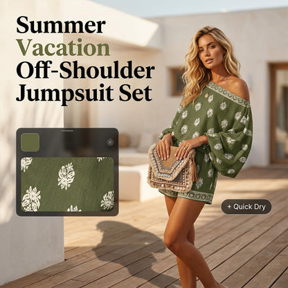 🌴40% OFF NOW!👙 Bohemian Off-Shoulder Jumpsuit Set – Vintage Print & Pockets – Relaxed Vacation Romper 📸