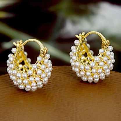 💍Mother's Day Early Bird Special✨ Faux Pearl Basket Hoop Earrings – Gold Tone, Unique Weave, Classic Elegance 🪀