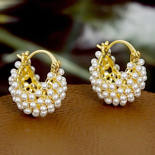 💍Mother's Day Early Bird Special✨ Faux Pearl Basket Hoop Earrings – Gold Tone, Unique Weave, Classic Elegance 🪀