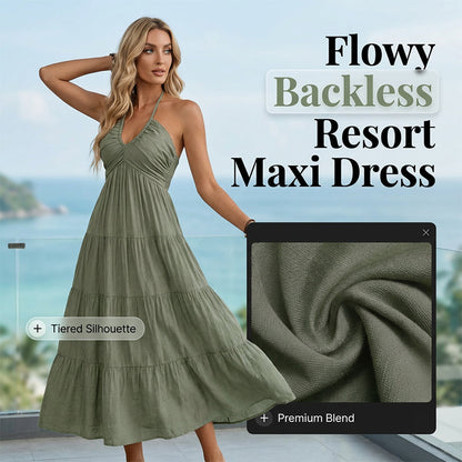 👗40% OFF NOW! 🌴 Women's Halter Neck Backless Maxi Dress – Tiered, Flowy, Resort Style 🌺