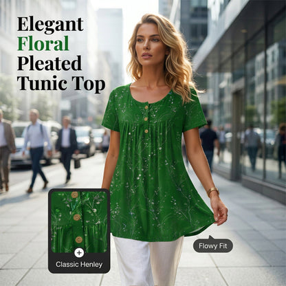 👕 LIMITED-TIME 40% OFF! ✨ Women's Tunic Top – Floral Print, Pleated, Loose Fit, Casual ✨