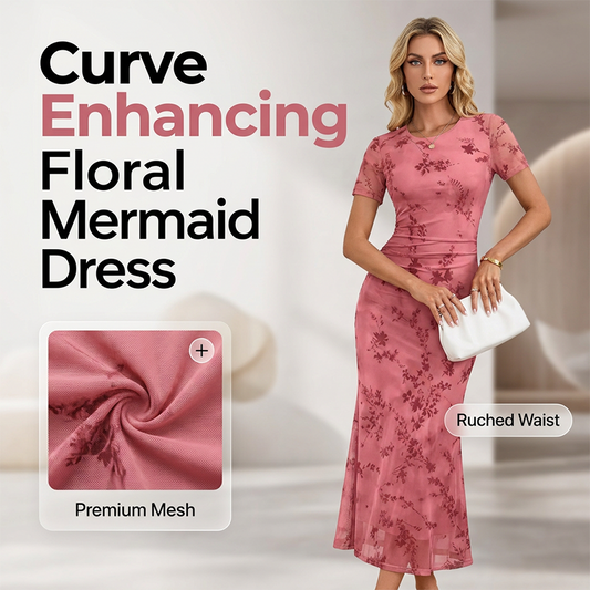 👗40% OFF! ✨ Women's Floral Mesh Mermaid Dress – Ruched Waist, Romantic, 7 Colors 🌸