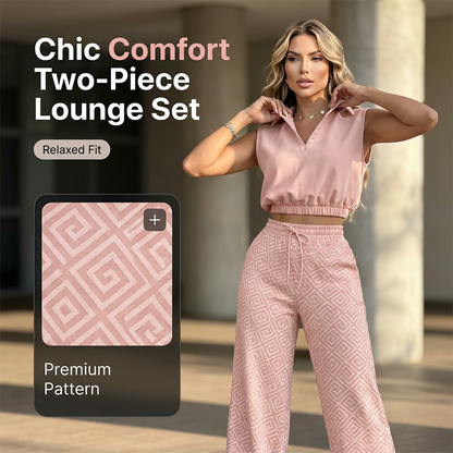 👚40% OFF NOW!🌸 Women's Two-Piece Lounge Set – Collared Crop Top & Wide-Leg Pants – Drawstring & Breathable – Chic Casual Outfit 👖
