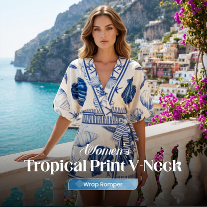 📢📢40% OFF !! ⏰Women's Tropical Print V-Neck Wrap Romper