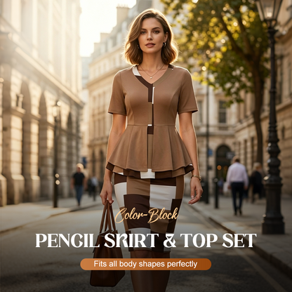 👗40% OFF NOW! 🤍Color Block Pencil Skirt & Top Set – Figure-Flattering, Chic & Perfect for Office, Dinner & Special Occasions – Versatile 2-Piece ✨
