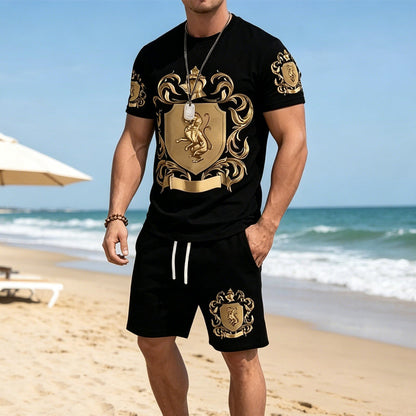 👕40% OFF NOW!👑 Men's Gold Crest Print T-Shirt & Shorts Set – Stylish, breathable & perfect for casual summer days or sporty looks 🩳