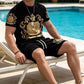 👕40% OFF NOW!👑 Men's Gold Crest Print T-Shirt & Shorts Set – Stylish, breathable & perfect for casual summer days or sporty looks 🩳