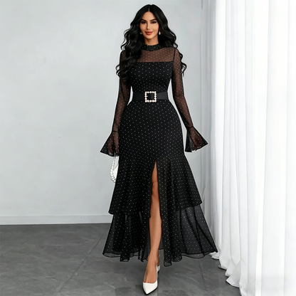 👗40% OFF NOW!✨ Women's Sheer Bell Sleeve Maxi Dress – High-Waist & Dramatic Slit – Elegant Party & Wedding Guest Gown 🌹