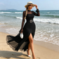 👗40% OFF NOW!✨ Women's Sheer Bell Sleeve Maxi Dress – High-Waist & Dramatic Slit – Elegant Party & Wedding Guest Gown 🌹