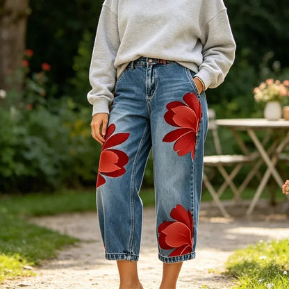 👖40% OFF!🤍Women's Floral Wide-Leg Jeans – Unique Appliqué, Soft, 6 Colors 🌸