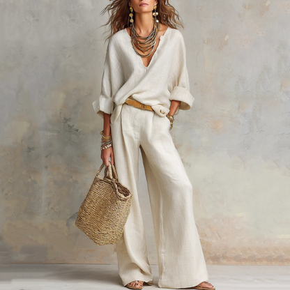 👚 50% OFF NOW! 🍁 Chic Women's V-Neck Top & Wide-Leg Pants Set – One outfit, zero styling stress – Soft, breathable & perfect for work or weekend – effortless elegance 👖
