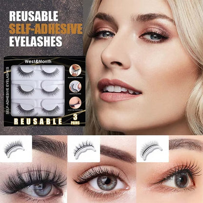 👁️Reusable Self-Adhesive False Eyelashes – 3-Pair Glue-Free Lash Set💕
