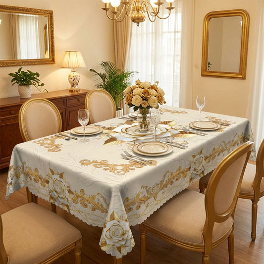 🌹Waterproof Gold Rose Tablecloth – Embossed Effect, Stain-Resistant, Elegant ✨