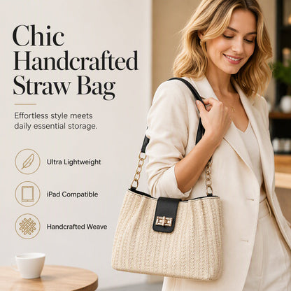 👜🌾Women’s Woven Straw Shoulder Bag with Faux Leather Trim