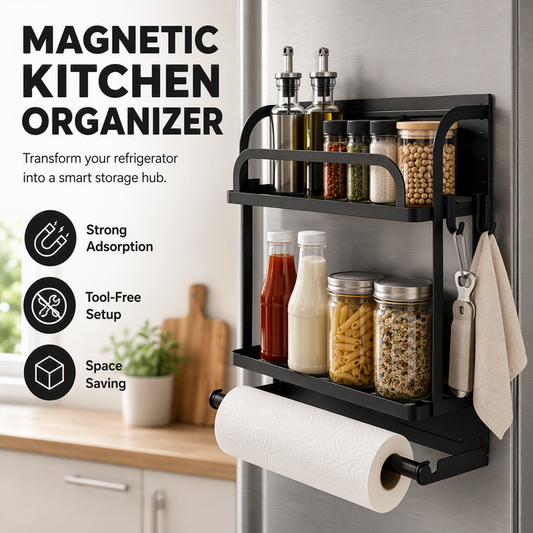 🧊🧲Magnetic Refrigerator Organizer Rack with Paper Towel Holder & Hooks
