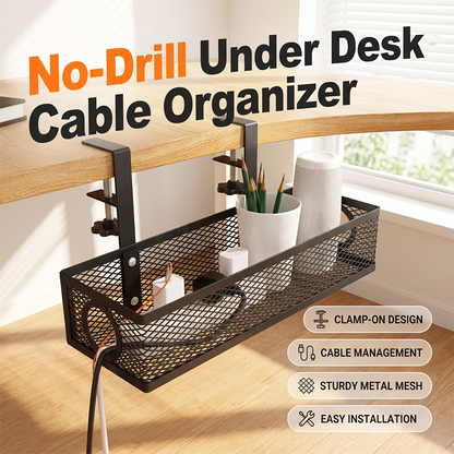 🔌🖥️ No-Drill Clip-On Under-Desk Cable Management Basket | Rubber-Padded C-Clips, Side Openings for Easy Cable Routing🔗
