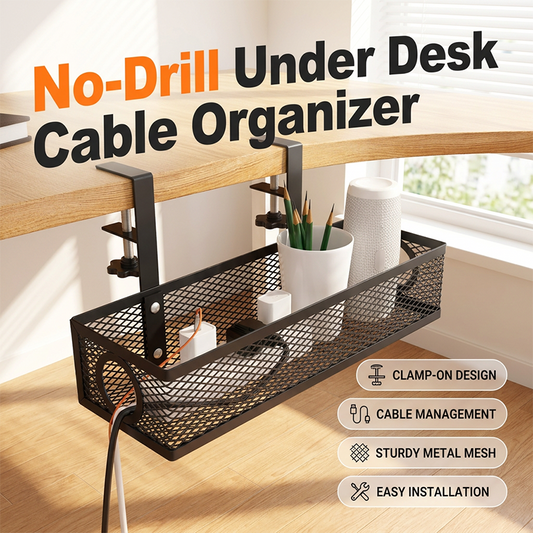 🔌🖥️ No-Drill Clip-On Under-Desk Cable Management Basket | Rubber-Padded C-Clips, Side Openings for Easy Cable Routing🔗
