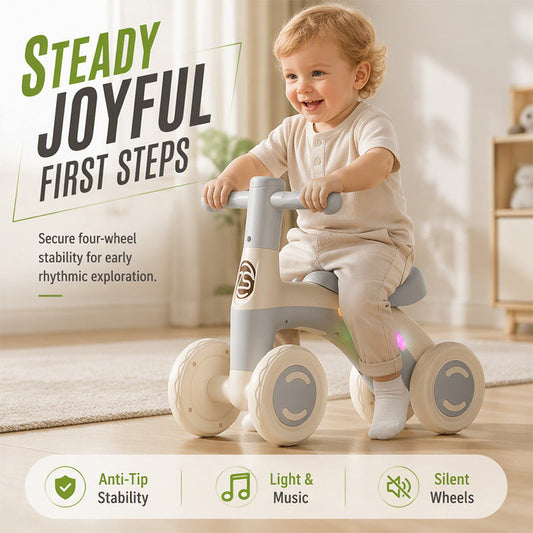 🚲🚼4-Wheel Light-Up Balance Bike for Toddlers with Music