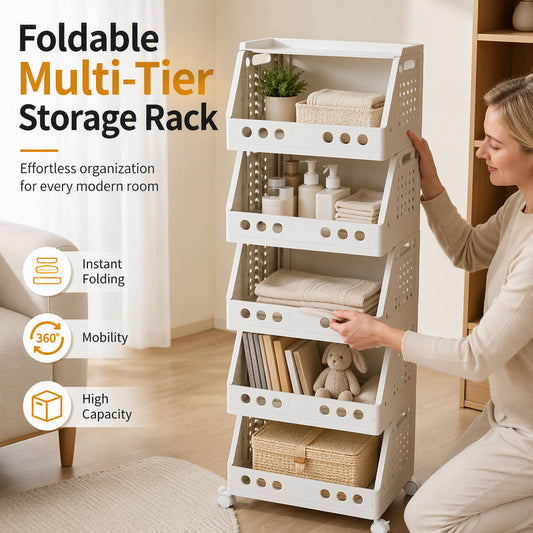 📦🛞Multi-Tier Foldable Rolling Storage Cart | Lockable Wheels, Quick-Fold🔧