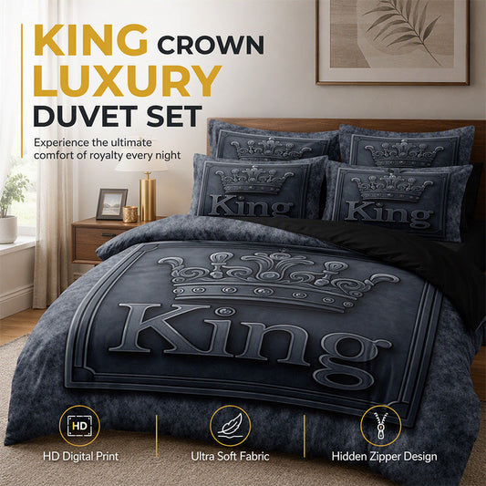 🛌☁️Modern Crown‑Print 3‑Piece Bedding Set | Soft Brushed Micro‑Fiber Duvet‑Cover Kit🧵