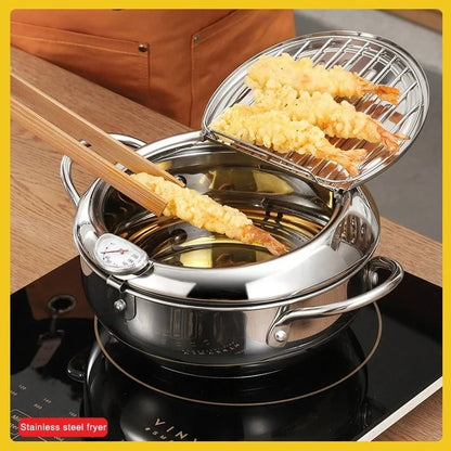 🍳🌡️Stainless Steel Deep Fry Pot | Built-in Thermometer & Oil Drain Rack🫗