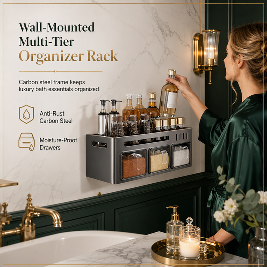 🧂 Save 50%! 🍳 Wall-Mounted Spice Rack – No-Drill Adhesive Install, Multi-Tier Storage with Jars & Spoons – Declutter Your Kitchen Counter ✨