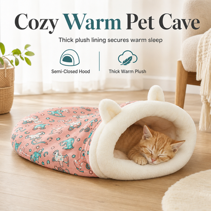 🐱🛏️Semi-Enclosed Hooded Pet Sleeping Bag Cave Bed | Draft-Blocking, Cozy Indoor Winter Rest Spot📦