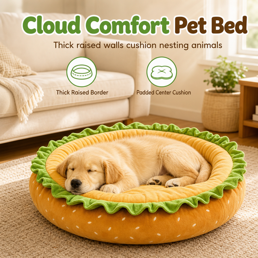 🍔🐶Cute Hamburger-Shaped Round Pet Bed | Comfy Headrest Cushion for Household Pets🧶
