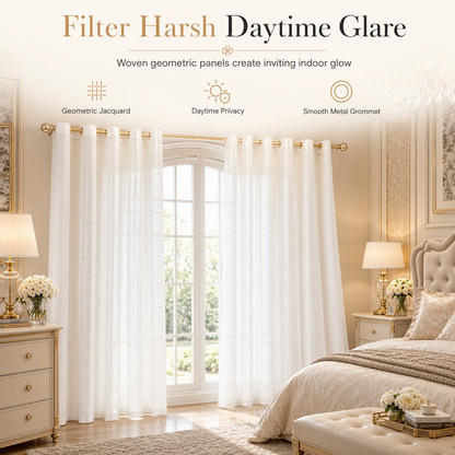 🌅🧶Geometric Greek-Key Jacquard Sheer Curtain Panel | Diffuses Harsh Daylight for Living Rooms and Bedrooms🏛️