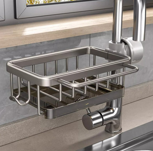 🧽🚰Faucet‑Mounted Sink‑Sponge‑Holder | Tool‑Free Install, Removable‑Drip‑Tray & Side‑Hook🏠