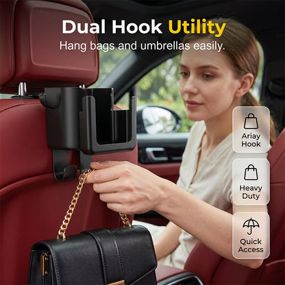 🚗🥤Headrest-Mounted Multi-Purpose Car Organizer | ABS Dual Hooks with Cup Holder🪝