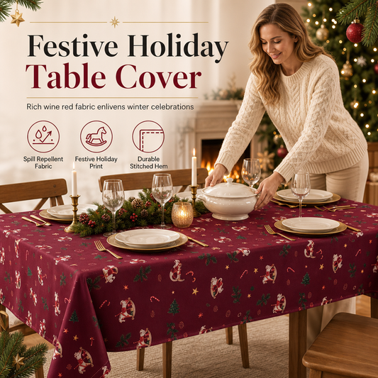🎄🍽️Christmas-Printed Holiday Tablecloth | Rocking Horse Festive Pattern, Peach-Skin Weave Spill-Repellent Surface🐴