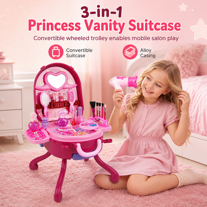 👑🎀 3-in-1 Kids' Pretend Play Makeup Vanity Rolling Suitcase Toy | Girls' Imaginative Role-Play 🎒