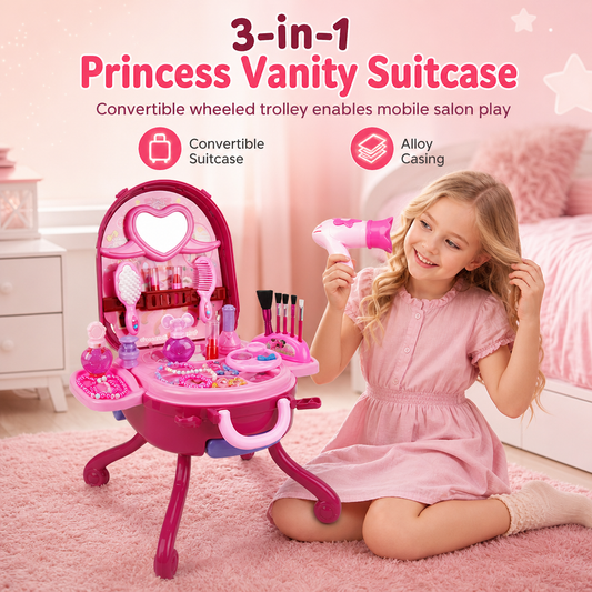 👑🎀 3-in-1 Kids' Pretend Play Makeup Vanity Rolling Suitcase Toy | Girls' Imaginative Role-Play 🎒