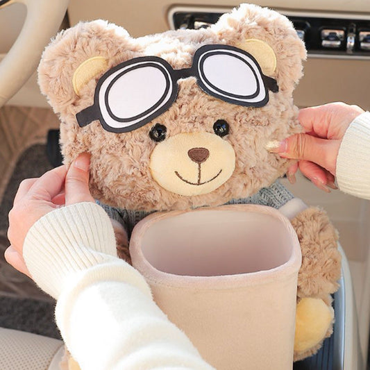 🧸🚗Cute Aviator Bear Plush Car Tissue Holder & Storage Bin | Strap Armrest Mount for Car Interior Decoration & Storage📦